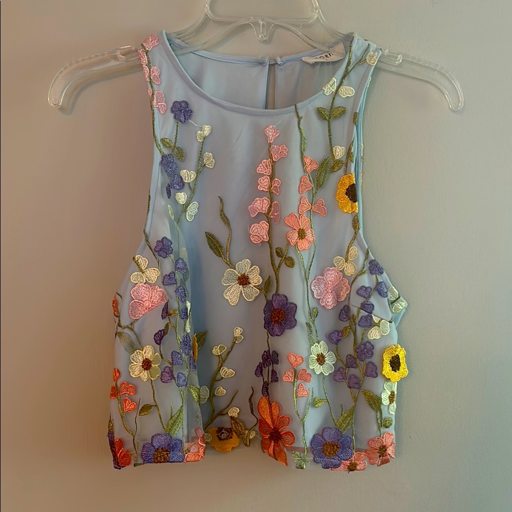 Storia embroidered floral overlay crop tank top